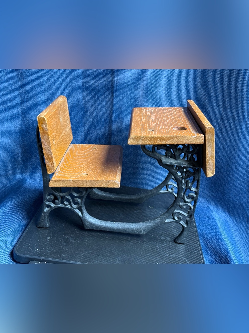 Vintage 1960s Miniature Doll School Desk Wrought Iron Wooden Toy Decor 11"